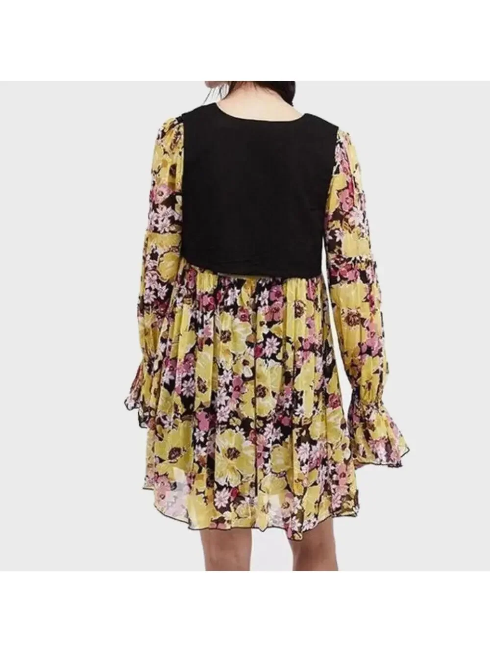 Free People Vested Mini Dress NWT Small Yellow Floral Bell Sleeves V-Neck NEW